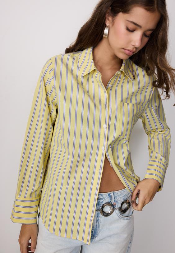 Stradivarius Basic Striped Poplin Shirt With Pocket Pastel Yellow L