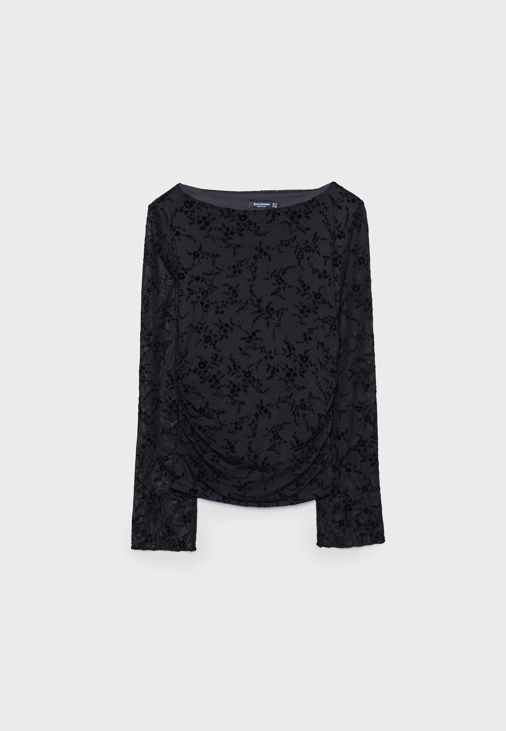 Semi-sheer flocked T-shirt with gathering