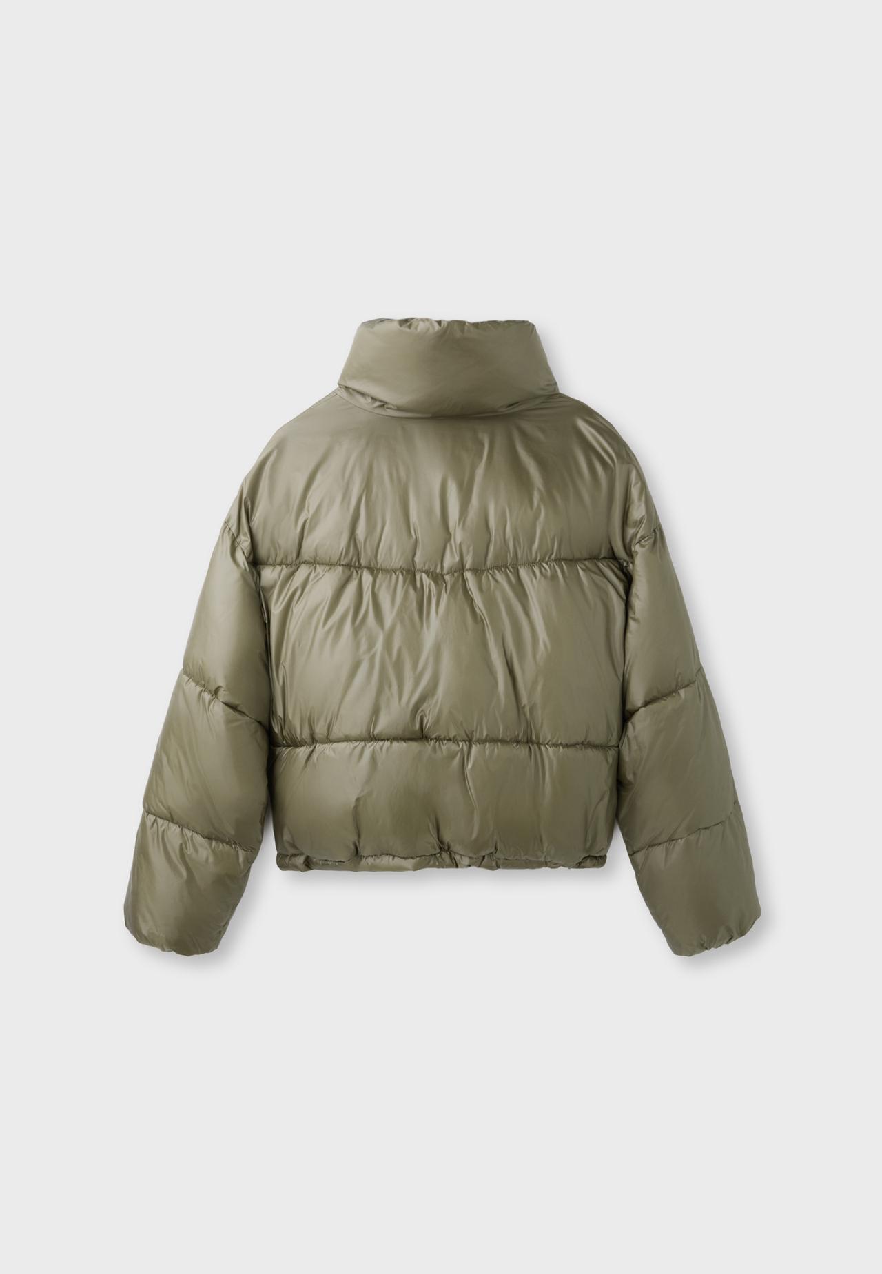 Shiny high neck cropped puffer jacket — Khaki