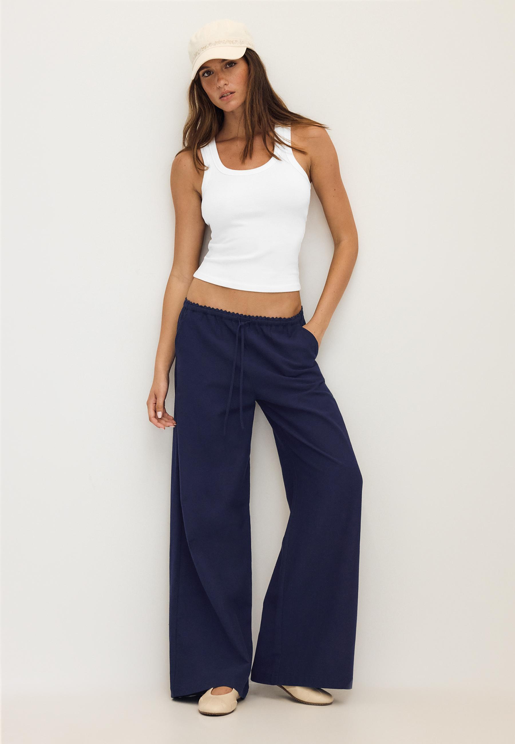 Wide-leg linen-effect trousers — Dark blue