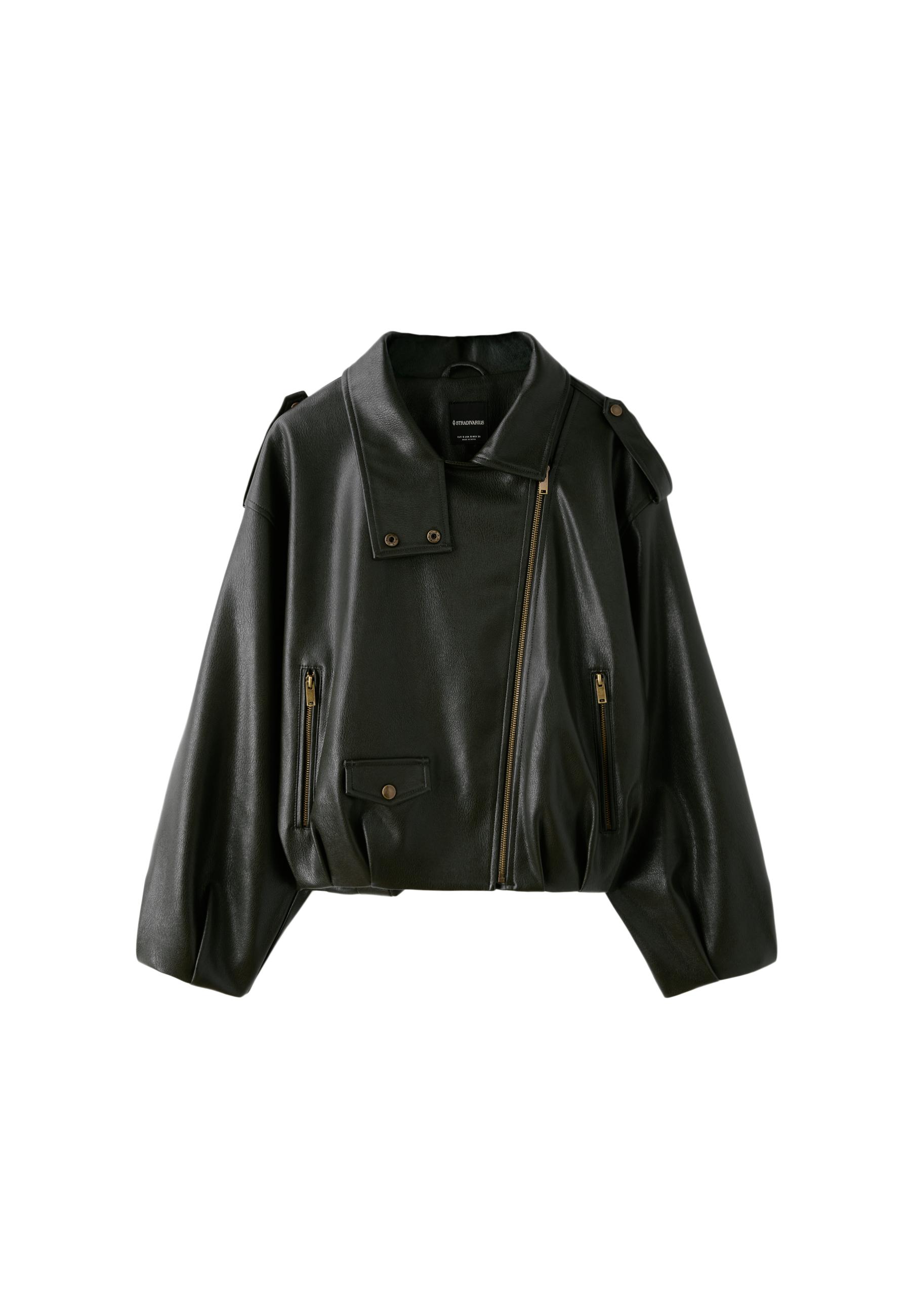Leather effect balloon sleeve biker jacket — Green