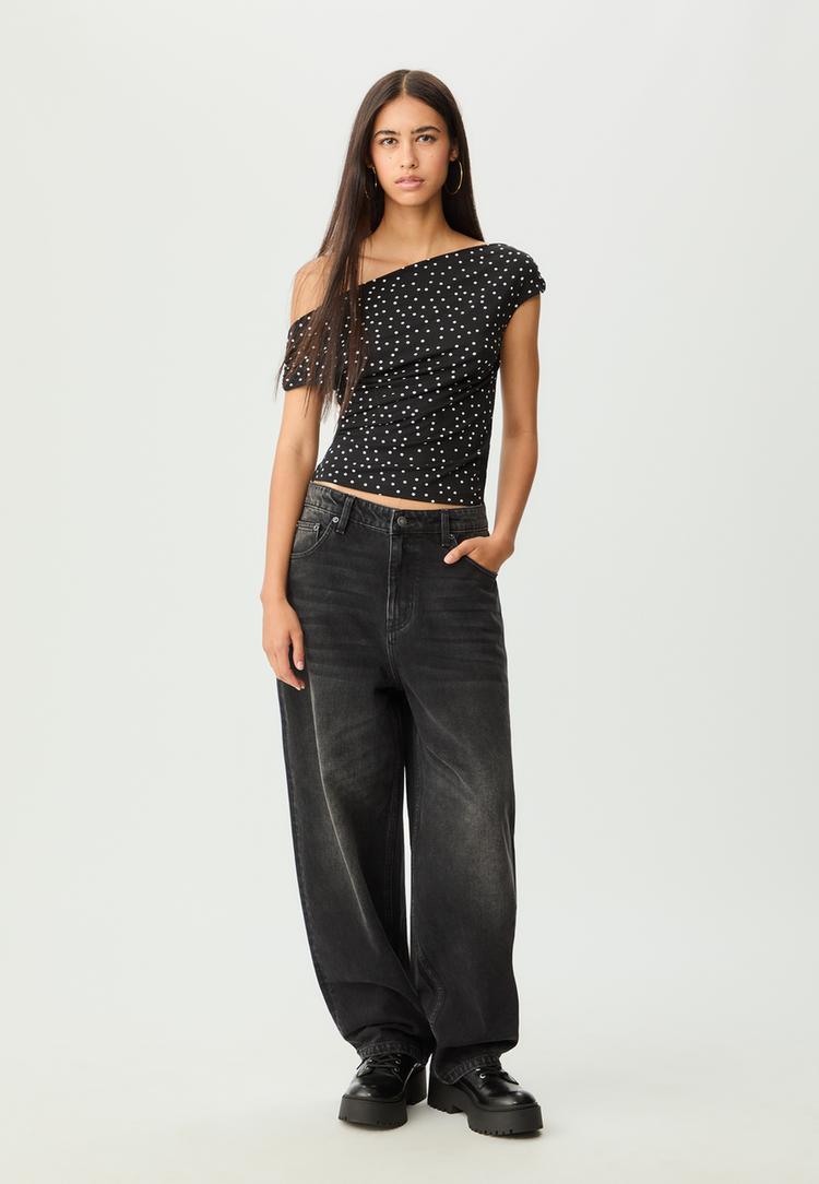 Stradivarius Tricou Asimetric Cu Buline Efect Prespălat Gri Denim Xl