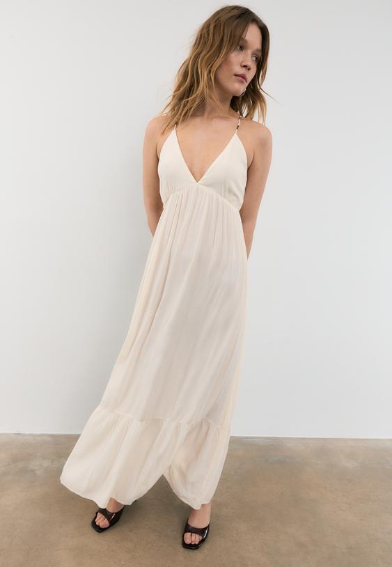 Stradivarius Robe Longue À Smocks Et Perles Vanille Xl