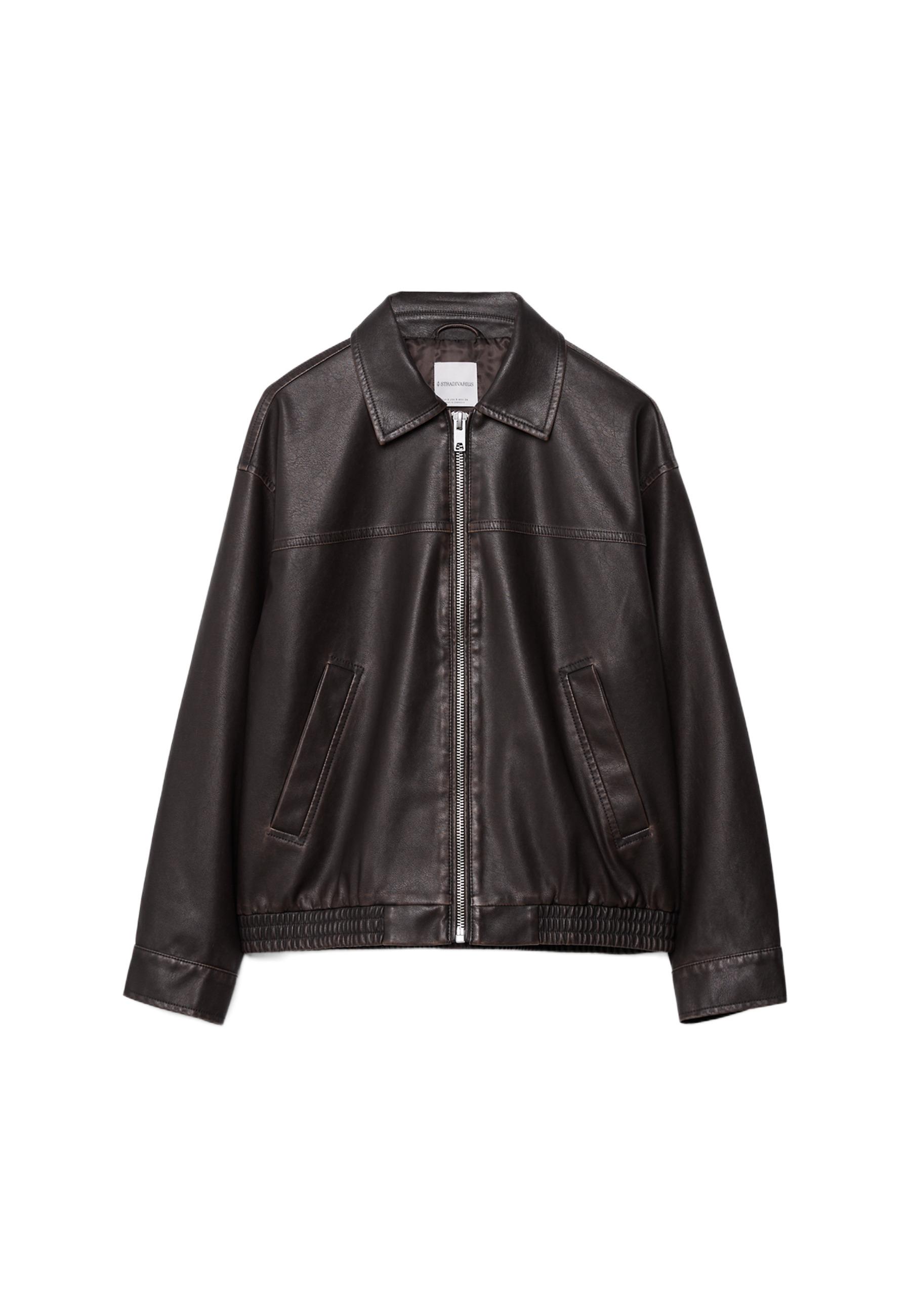 Washed leather effect oversize jacket — Brown