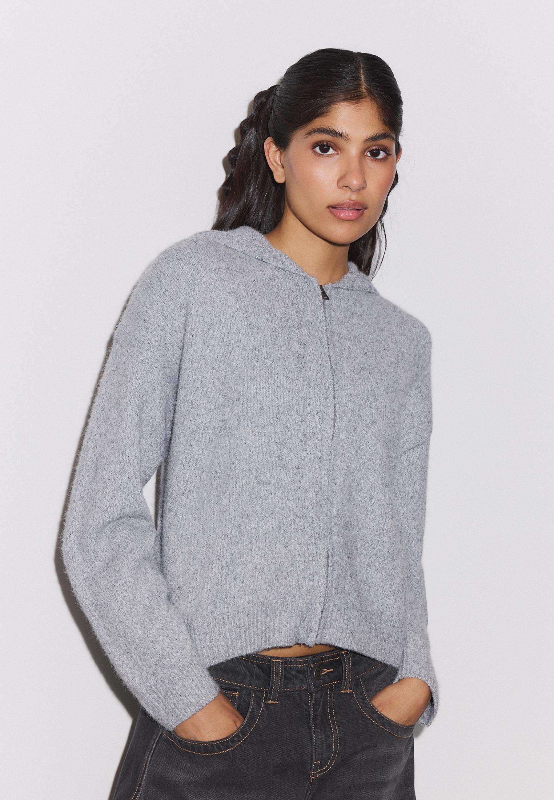 Zipped hooded knit cardigan — Grey melange