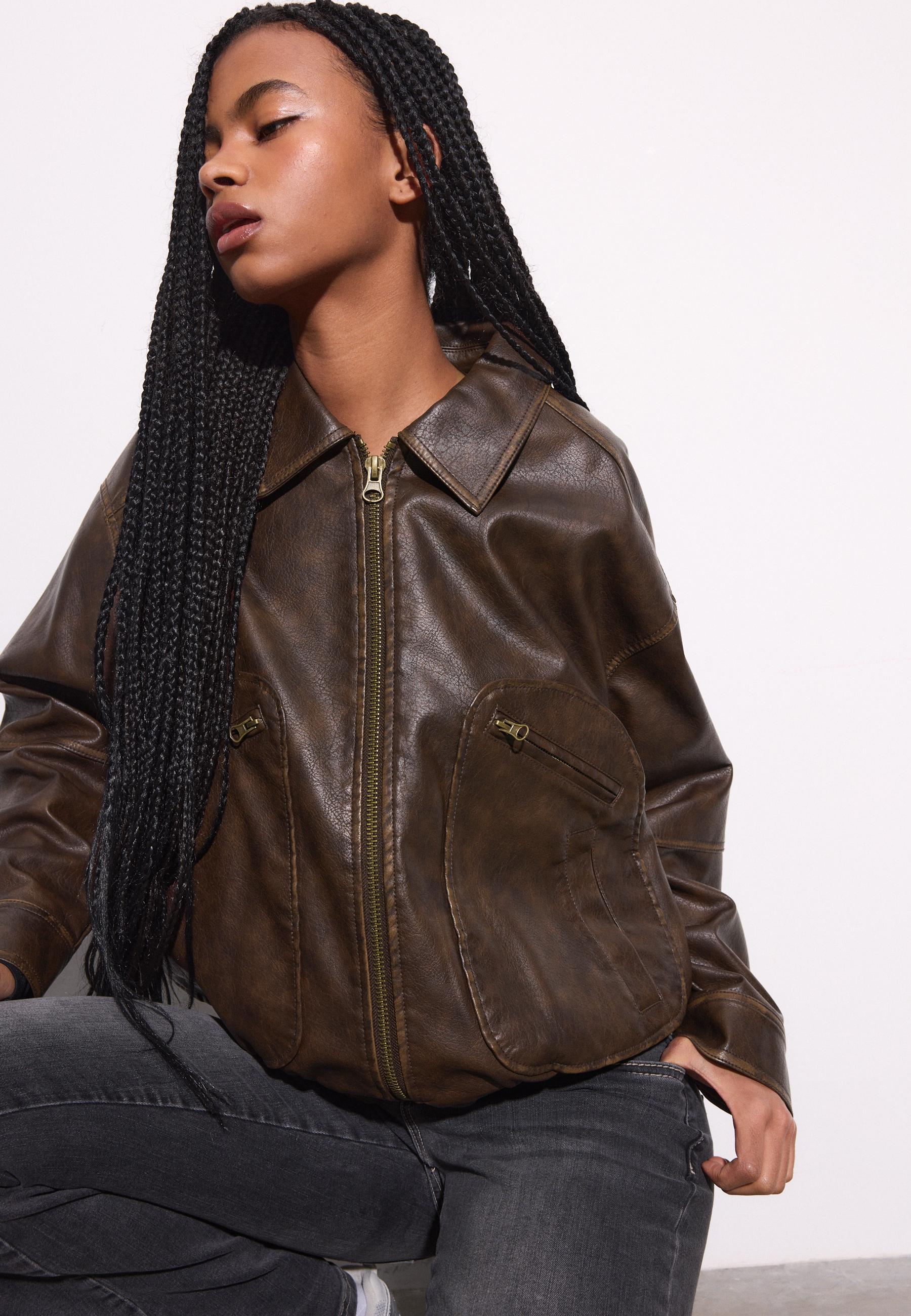 Leather effect jacket with pockets — Brown