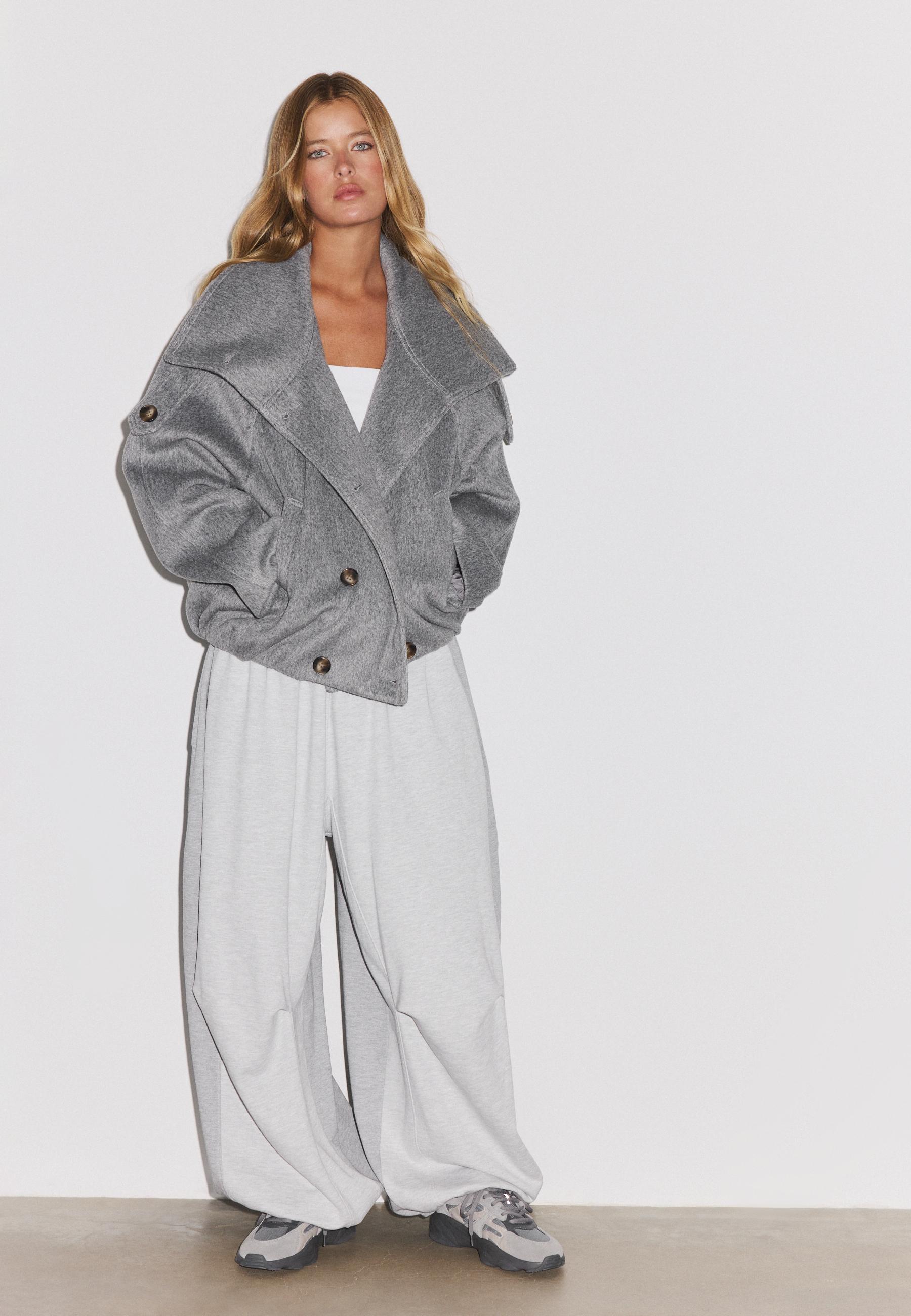 Stradivarius Παλτό Oversize Ψηλός Γιακάς Γκρι S