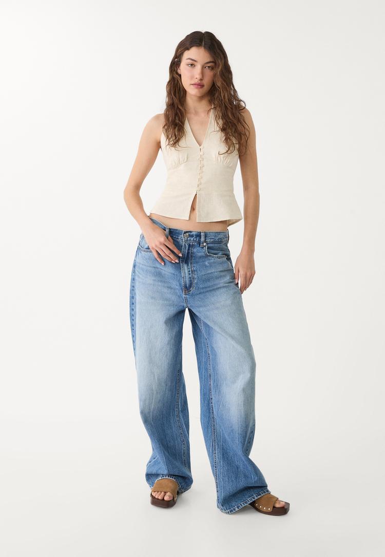 top halter botones con lino