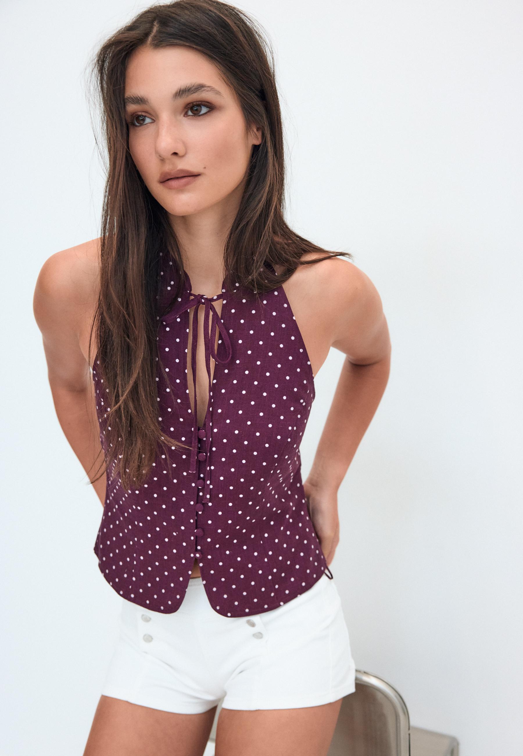 Polka dot print fitted halter top — Purple