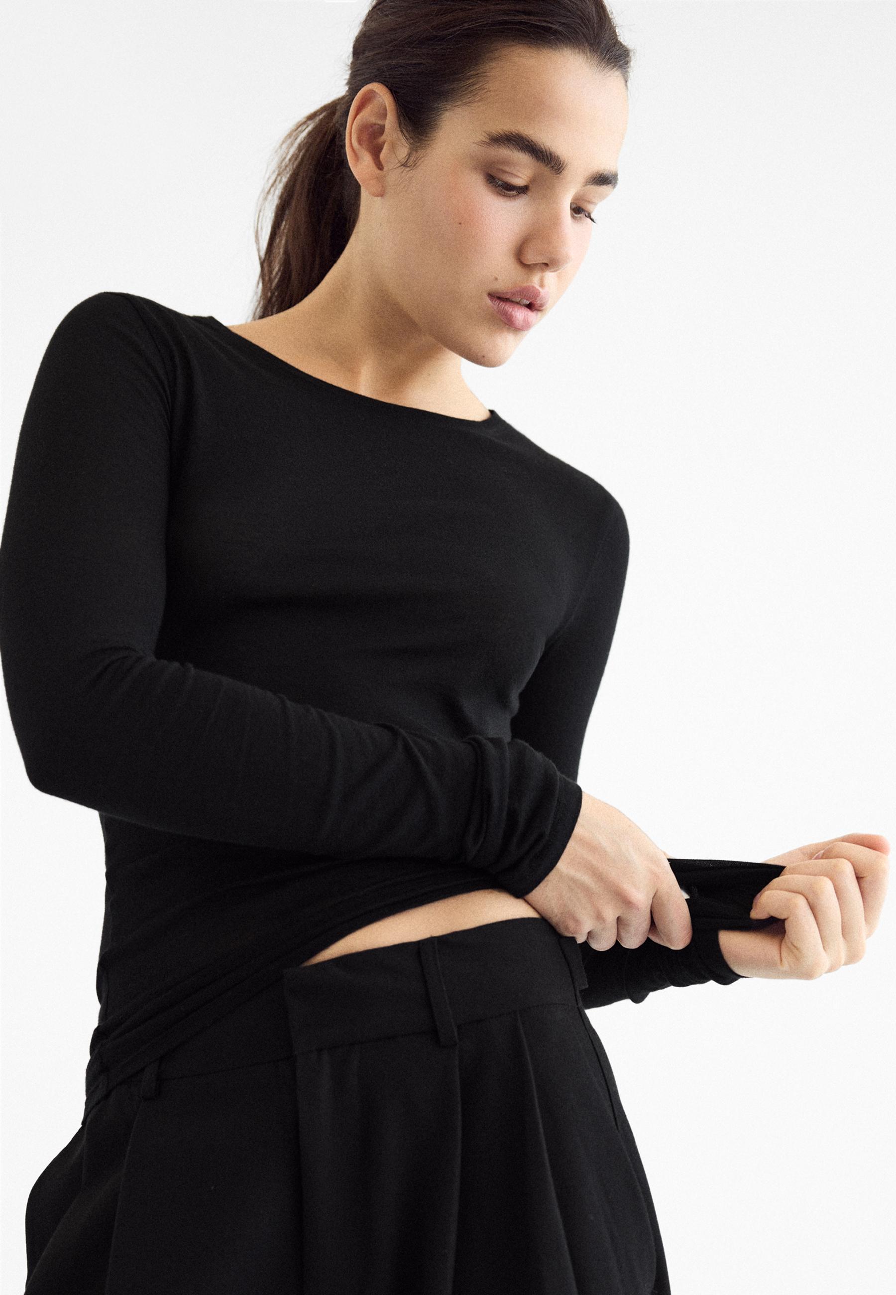 Stradivarius Μπλούζα Μακρύ Μανίκι 100% Βαμβάκι Supima® Μαύρο M