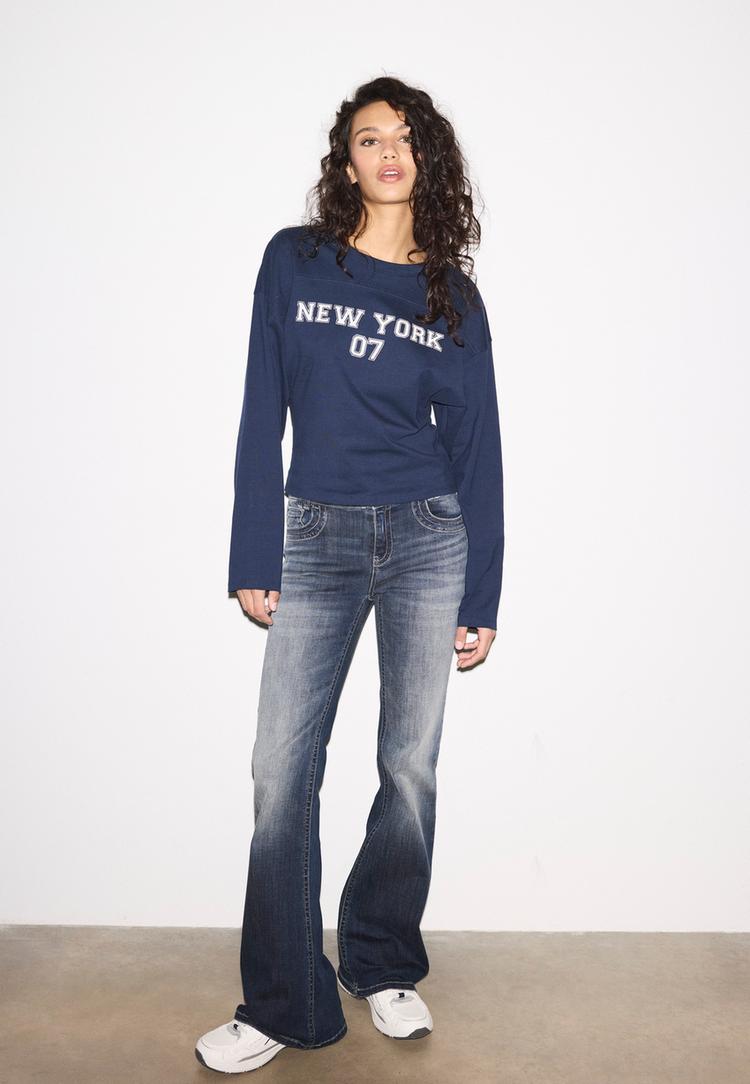 Stradivarius Μπλουζάκι Με Μανίκια Κιμονό Και Τύπωμα Navy Blue Xl