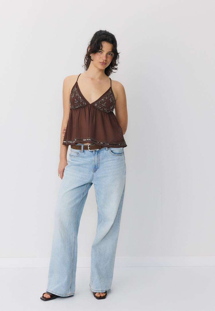 Stradivarius Κεντημένο Τοπ Με Τιράντες Καφέ S