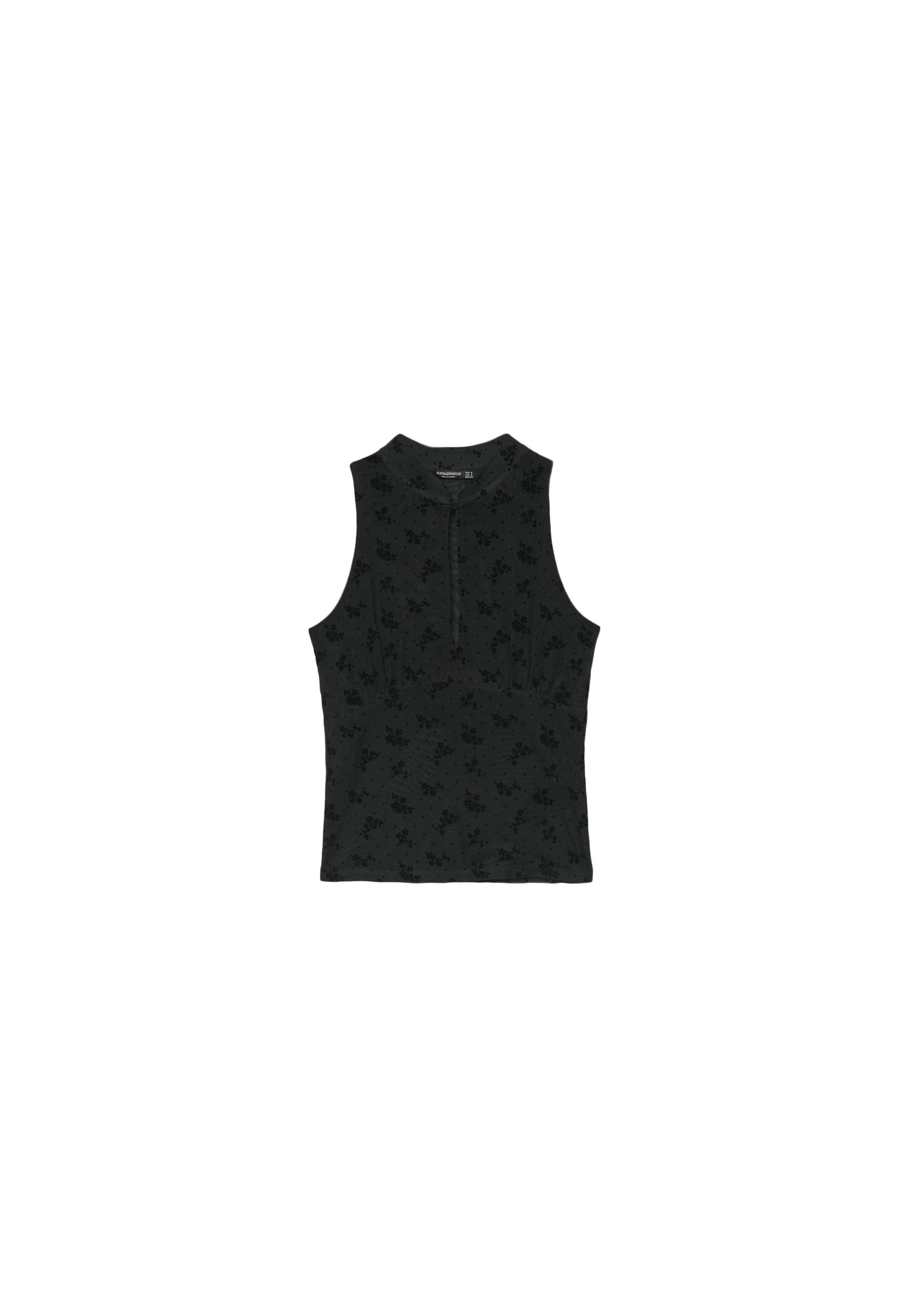Sleeveless stand collar top with split — Black