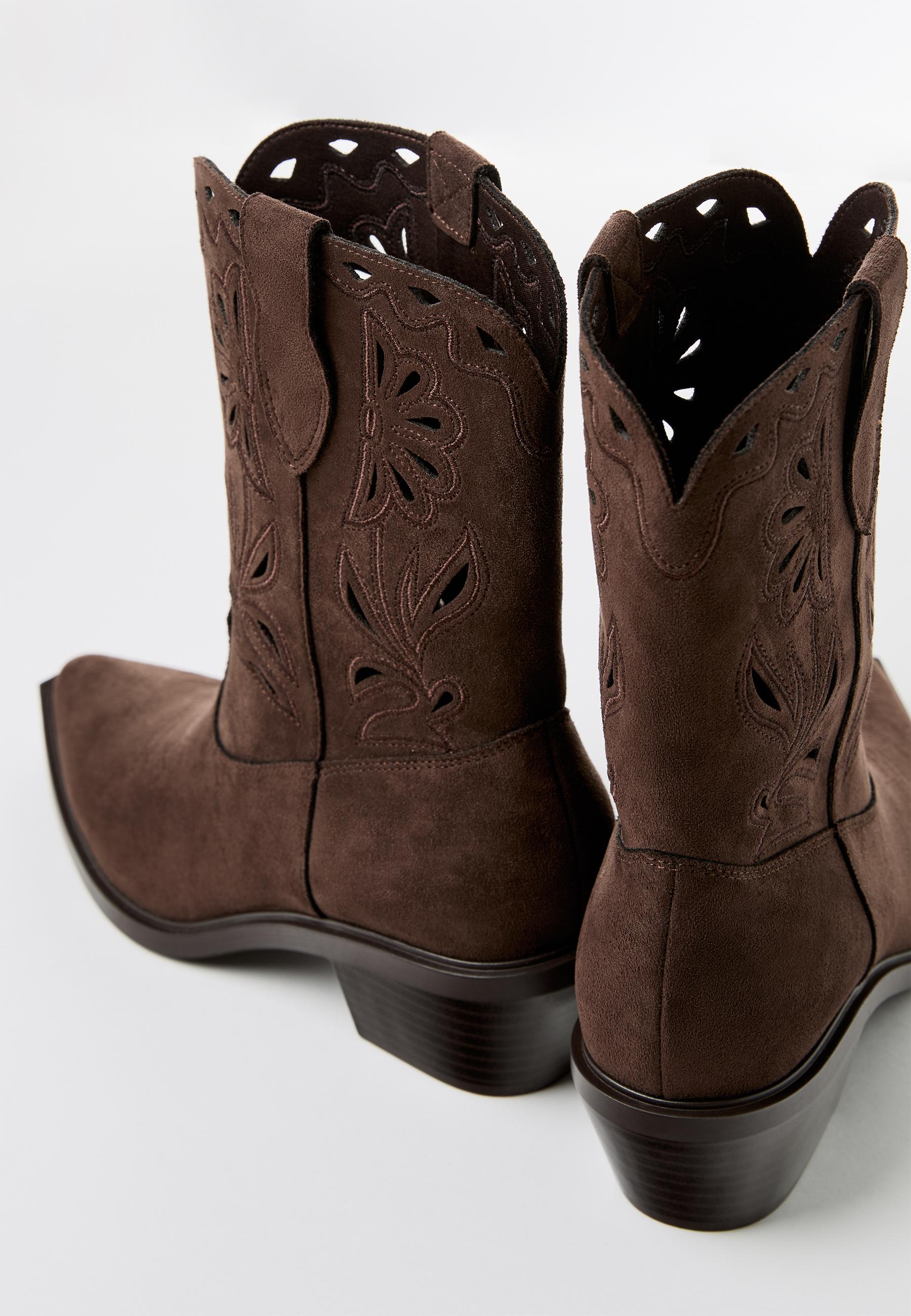 Perforated cowboy leather effect ankle boots — BROWN