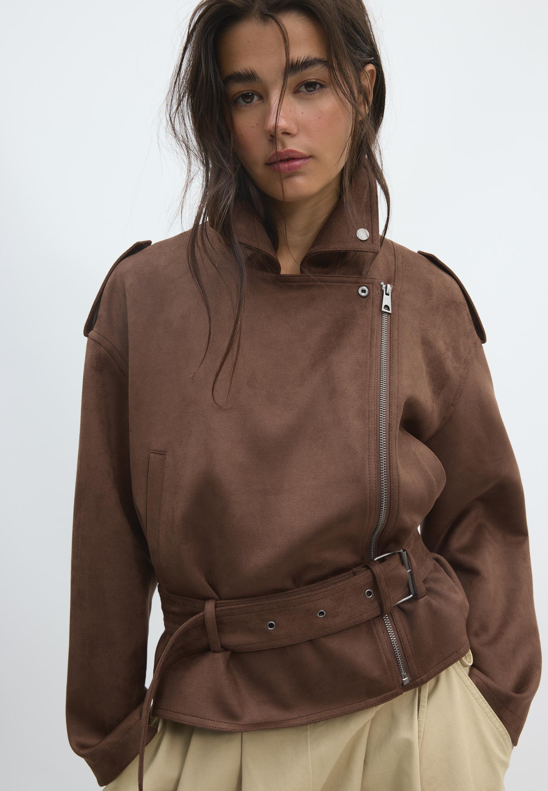 Biker jacket with belt — Brown