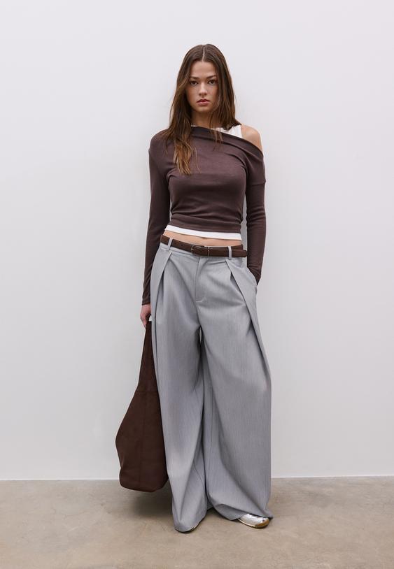 Stradivarius Asymmetric Double T-Shirt Brown M