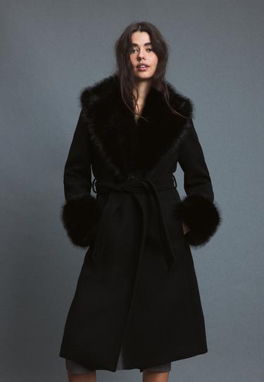 Wool-blend faux fur collar coat — Black 1