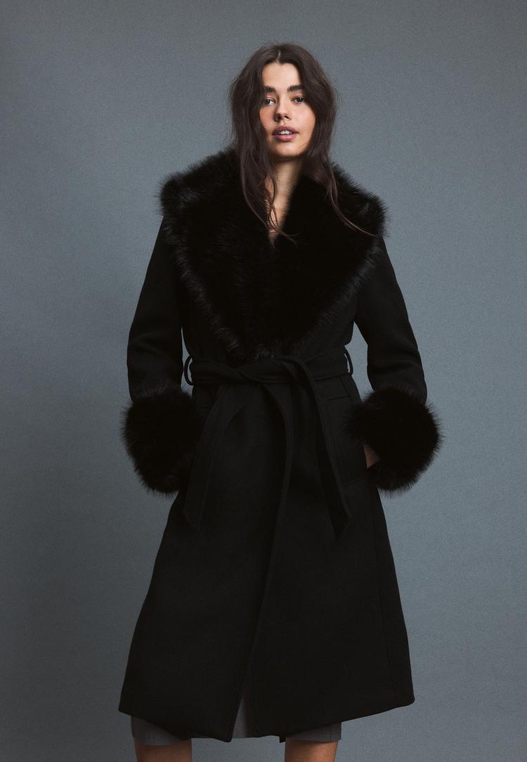 Wool-blend faux fur collar coat — Black