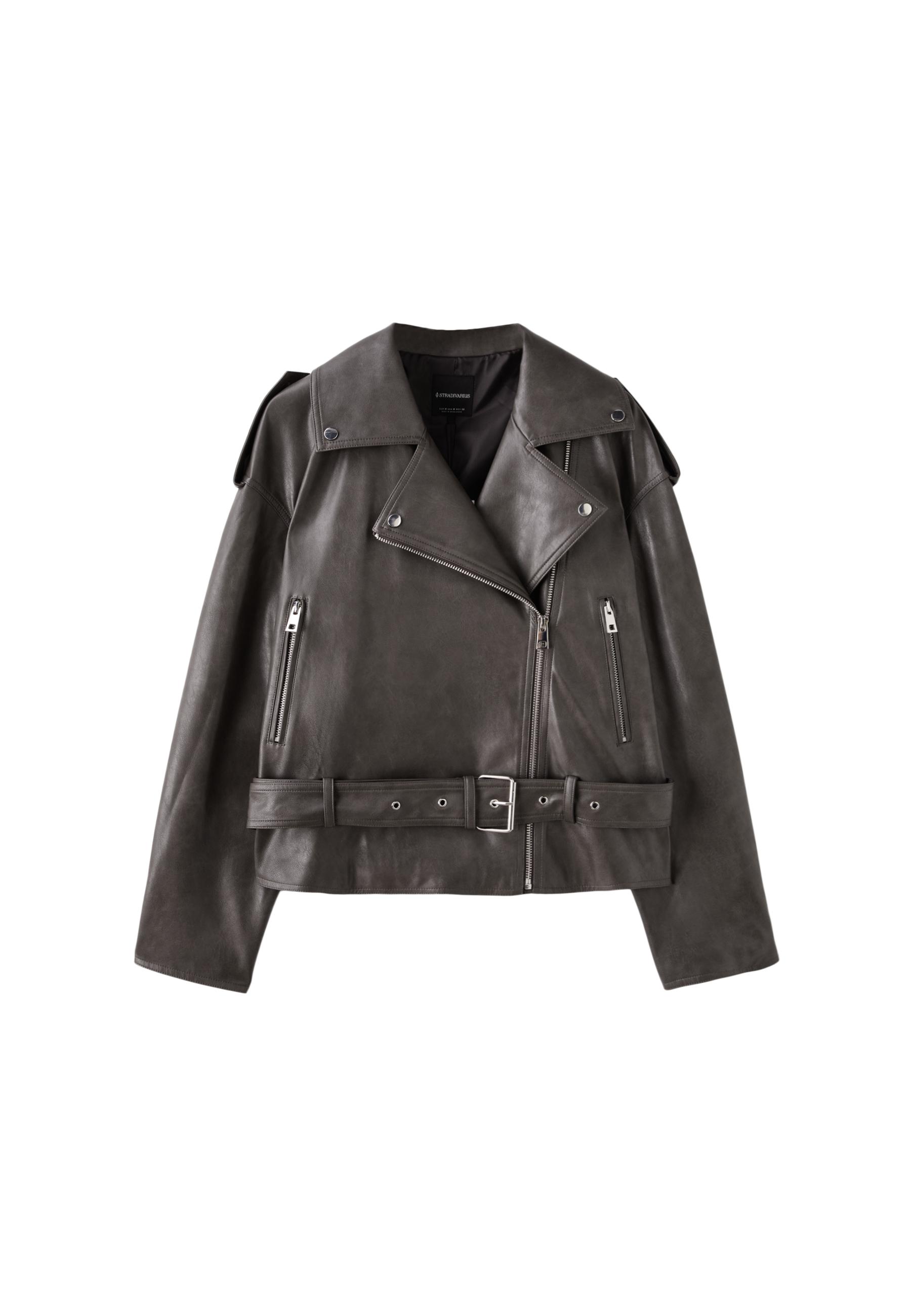 Leather effect biker jacket with belt — Dark grey