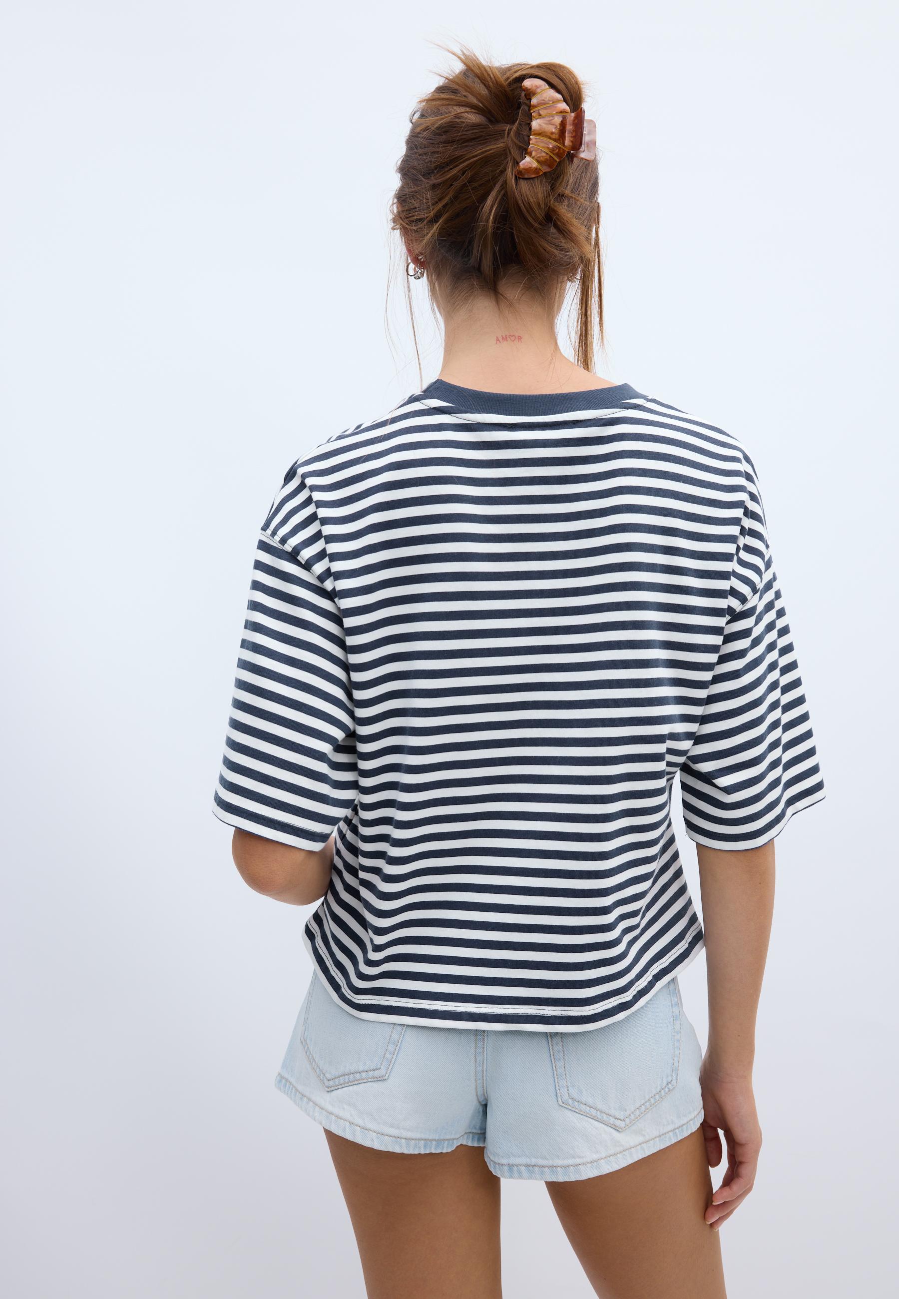 Printed striped short sleeve T-shirt — Navy blue