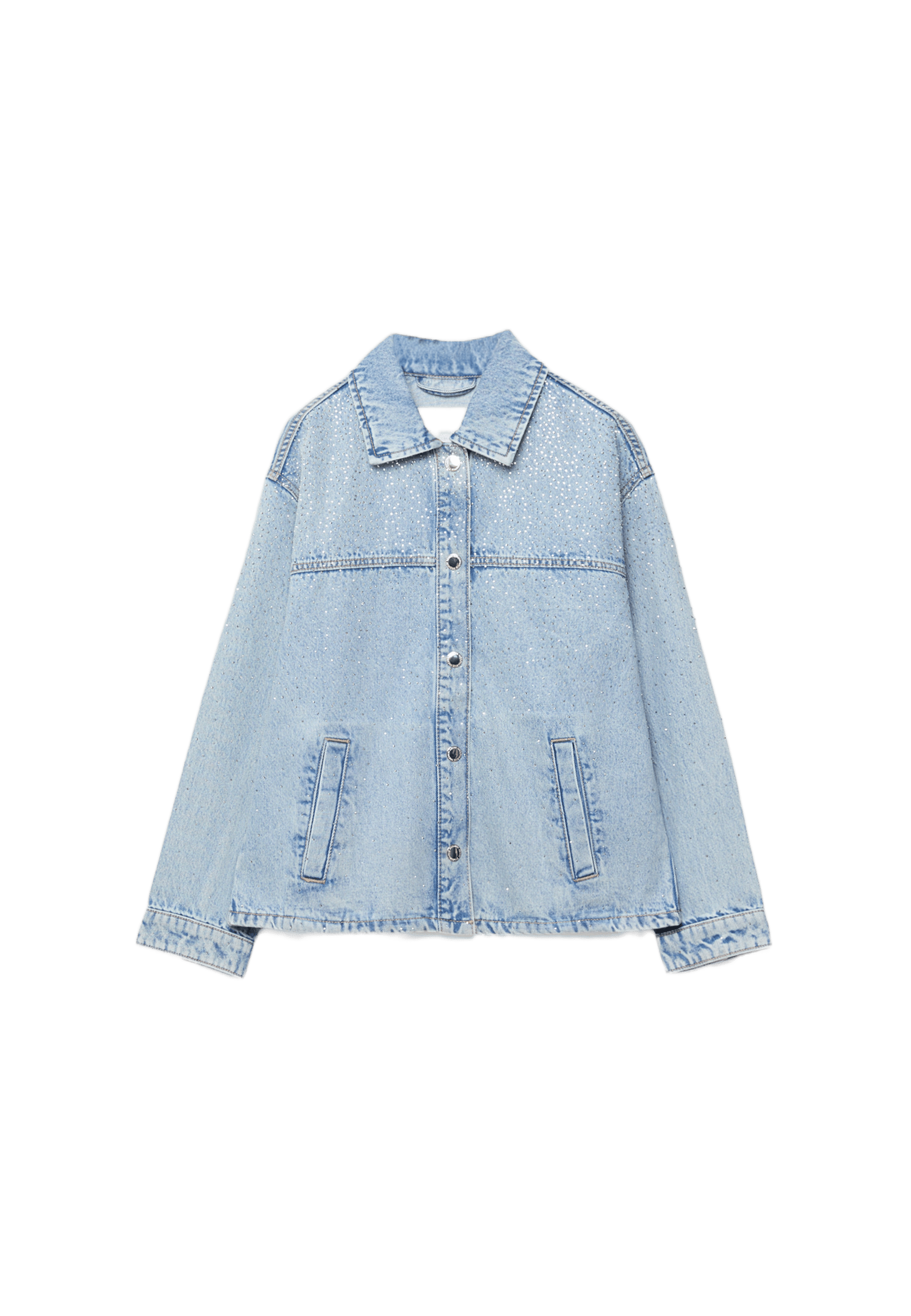 Denim jacket with patch pockets and rhinestones — MEDIUM LIGHT BLUE DENIM