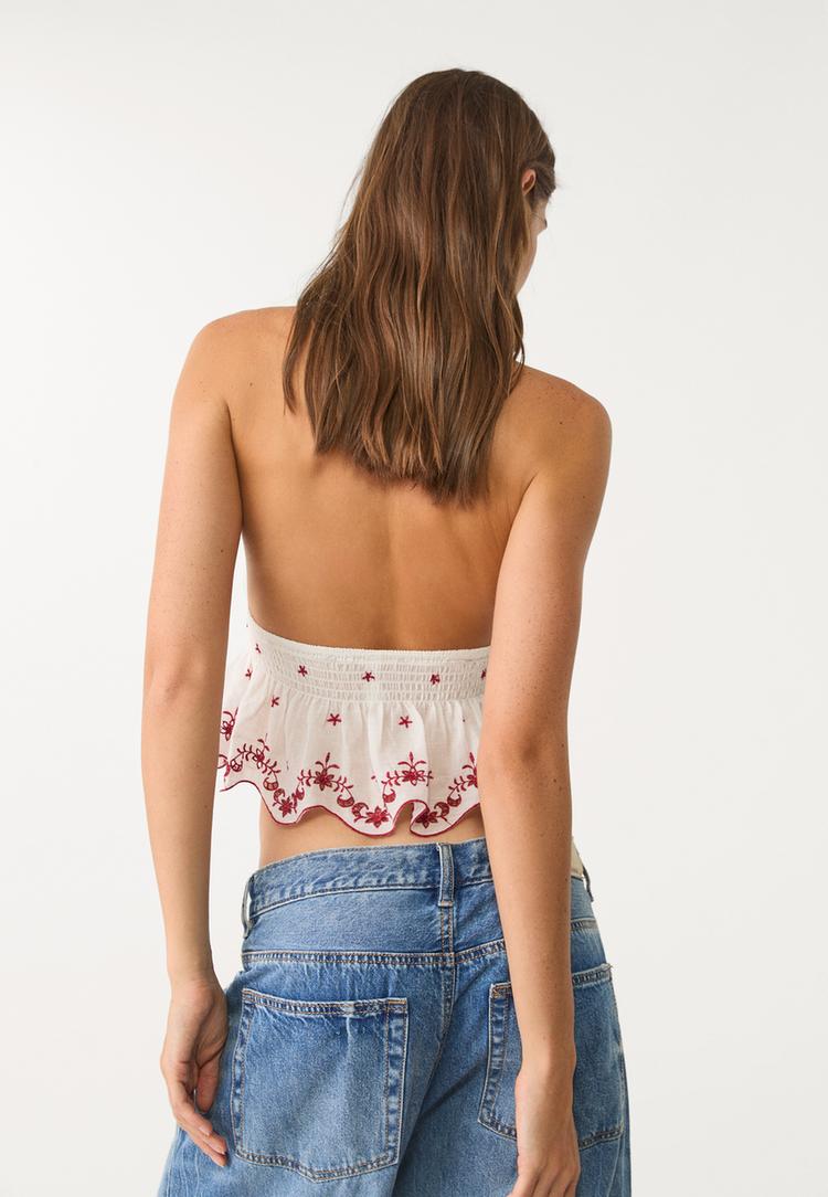 kontrast oslemeli halter yaka bluz