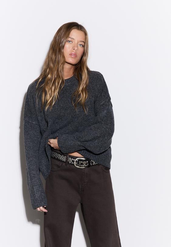 Stradivarius Round Neck Knitted Jumper Dark Grey Xs