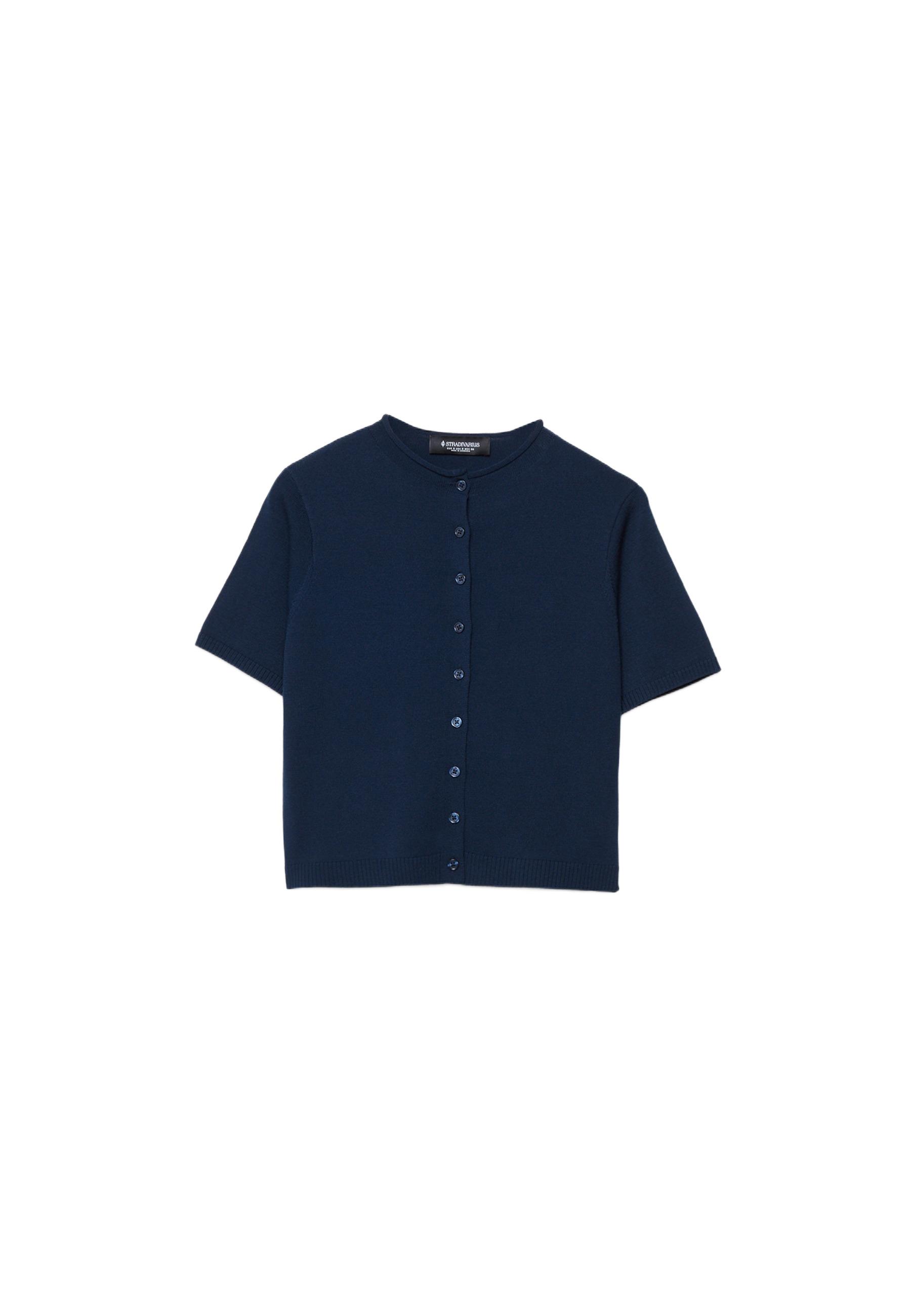 Stand collar buttoned knit cardigan — Dark blue