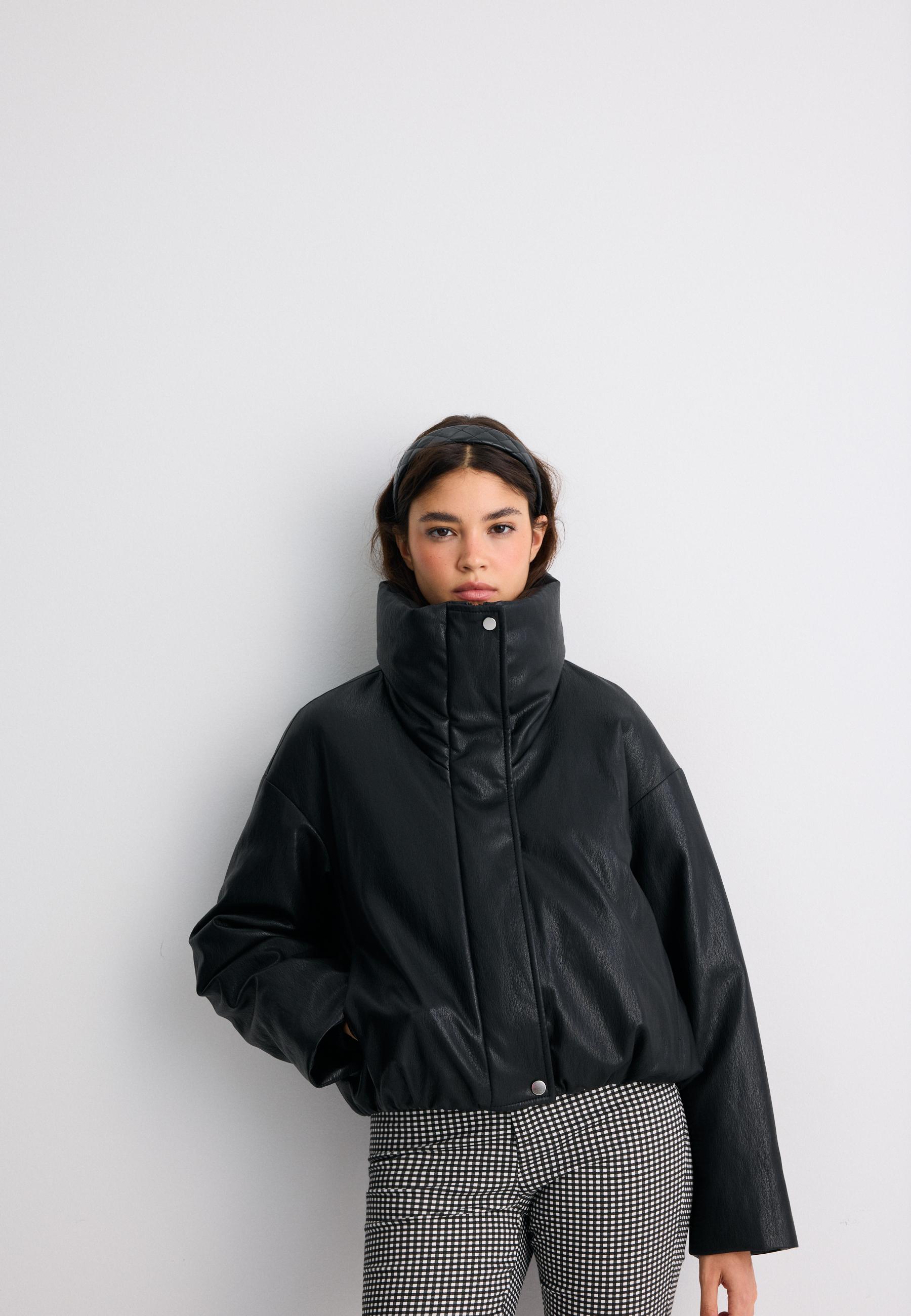 Leather effect high neck puffer jacket — Black