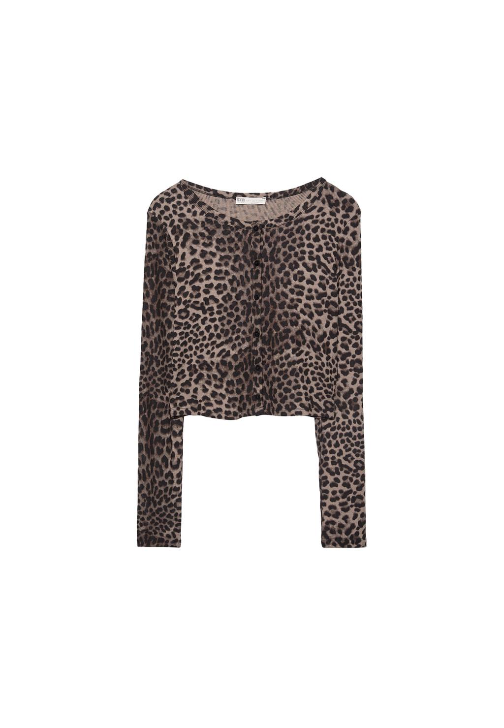 Ribbed leopard print T-shirt with buttons