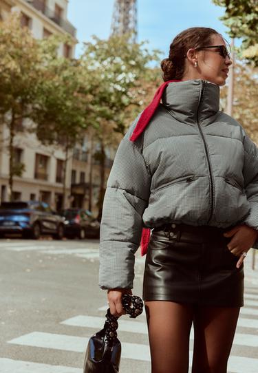 Checked high neck cropped puffer jacket — Beige 3