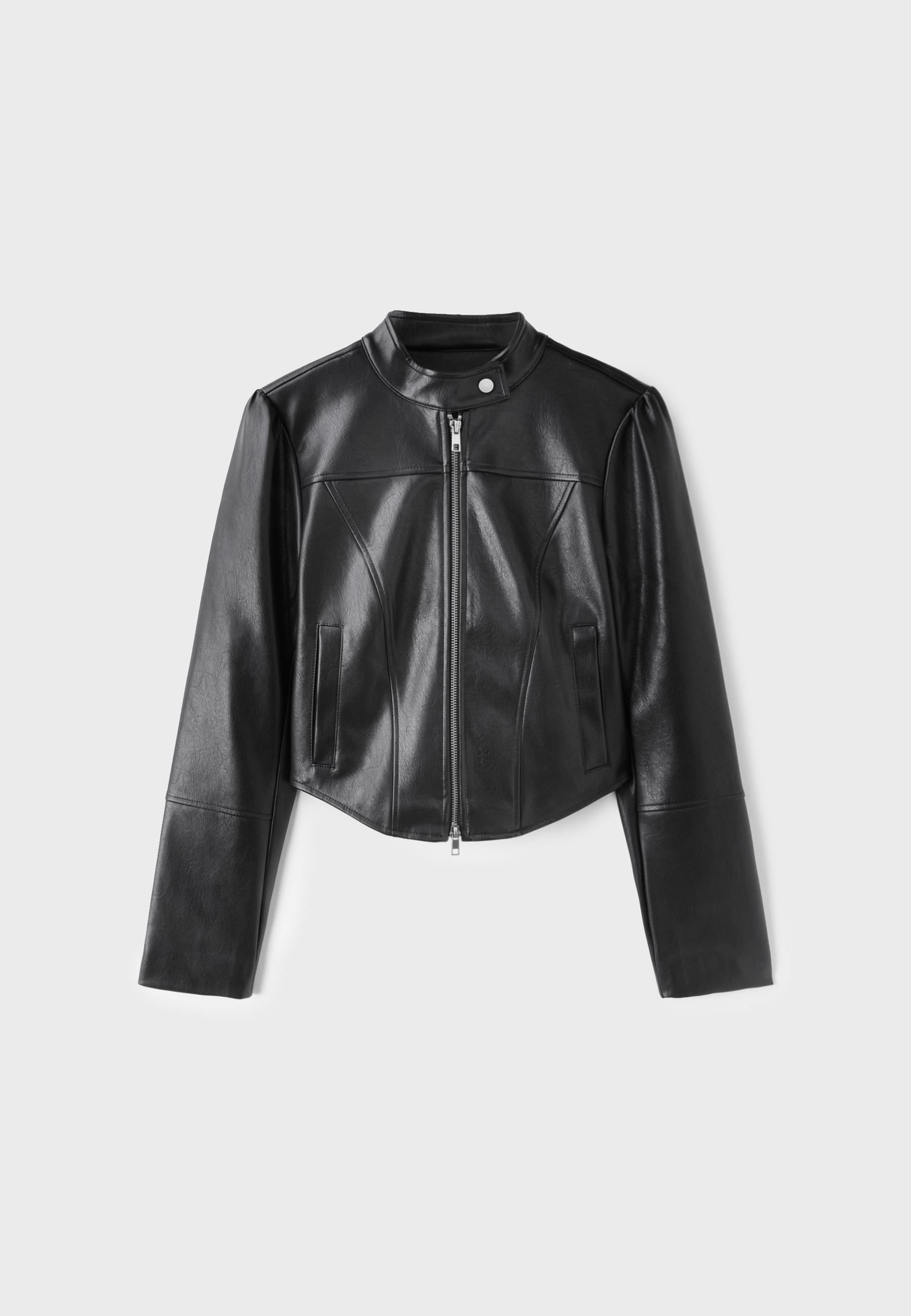 Cropped leather effect biker jacket — Black