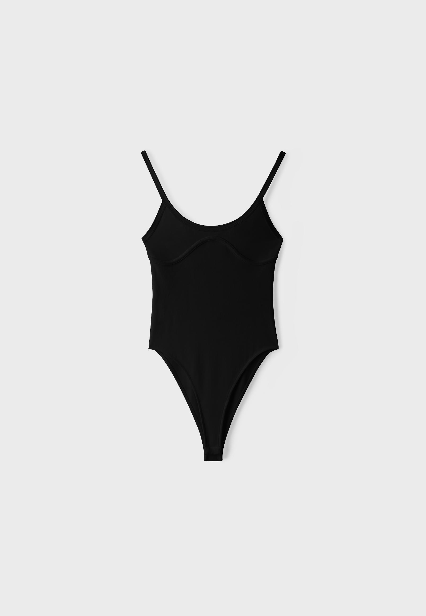 Ribbed corset-detail bodysuit — Black
