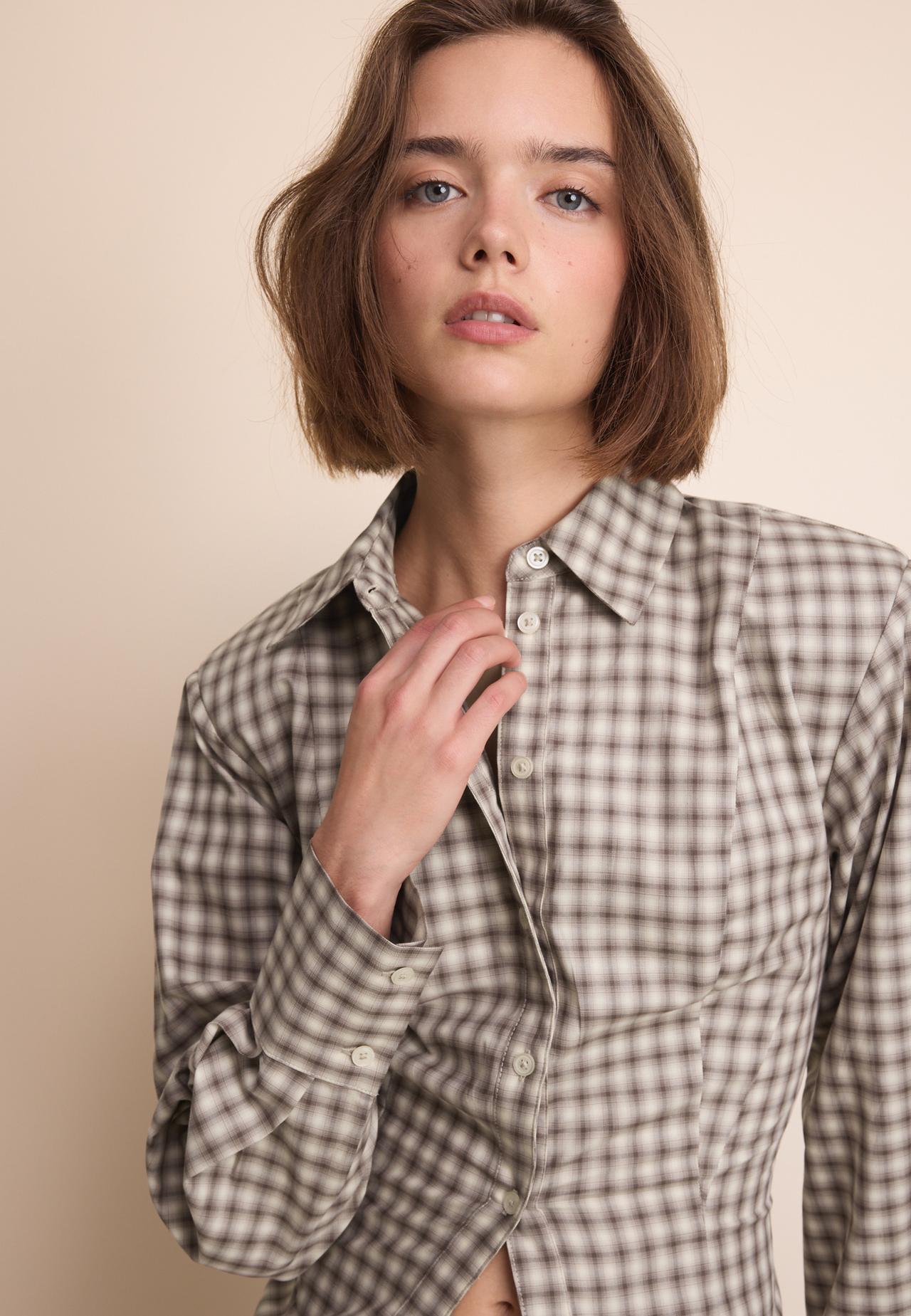 Check shirt with padded shoulders — Beige