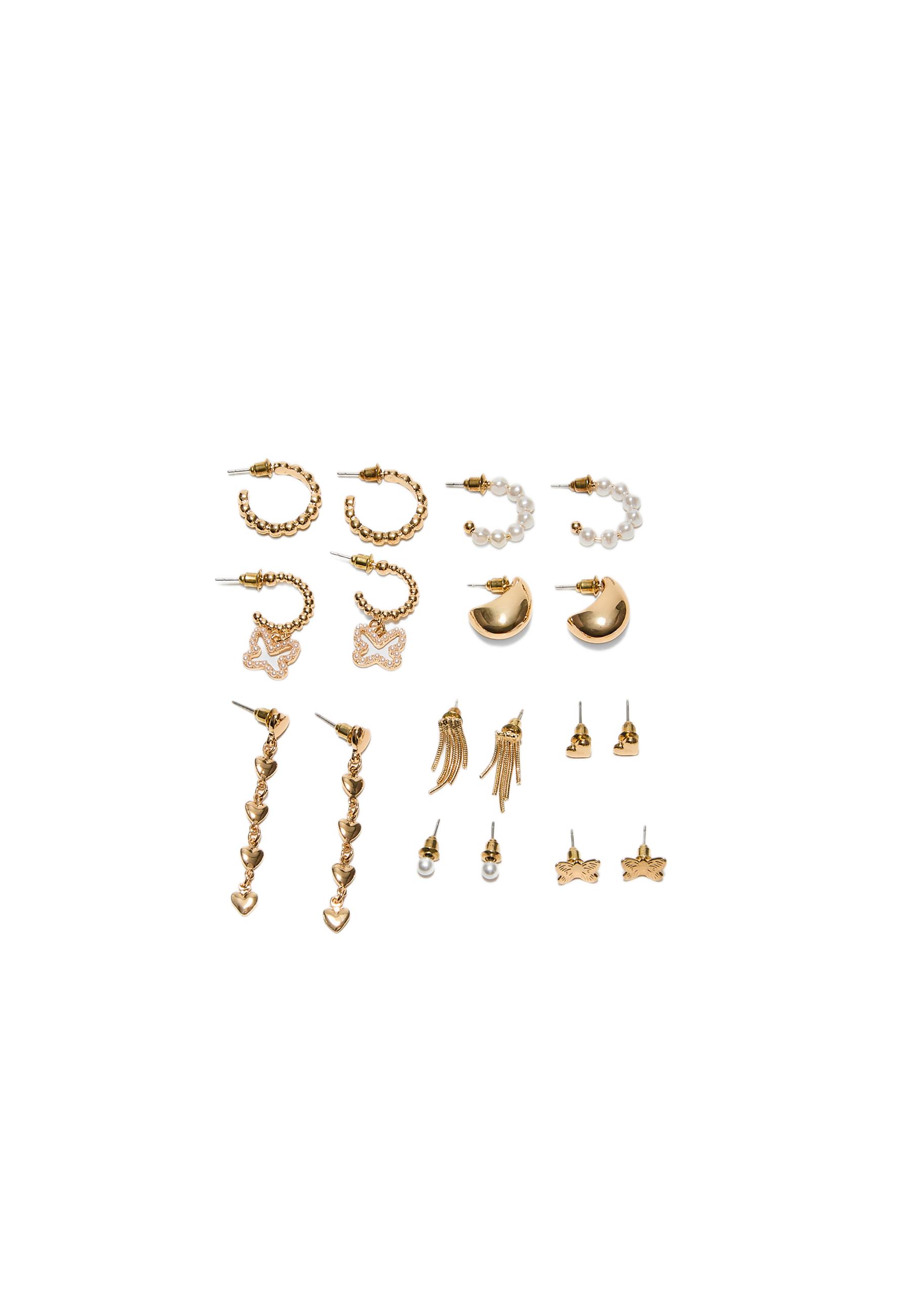Set of 9 butterfly and faux pearl earrings — Gold
