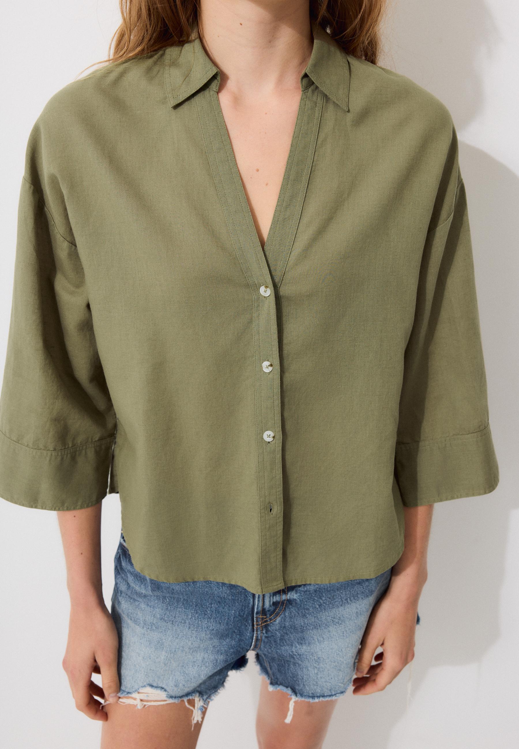 Linen-effect kimono sleeve shirt — Khaki