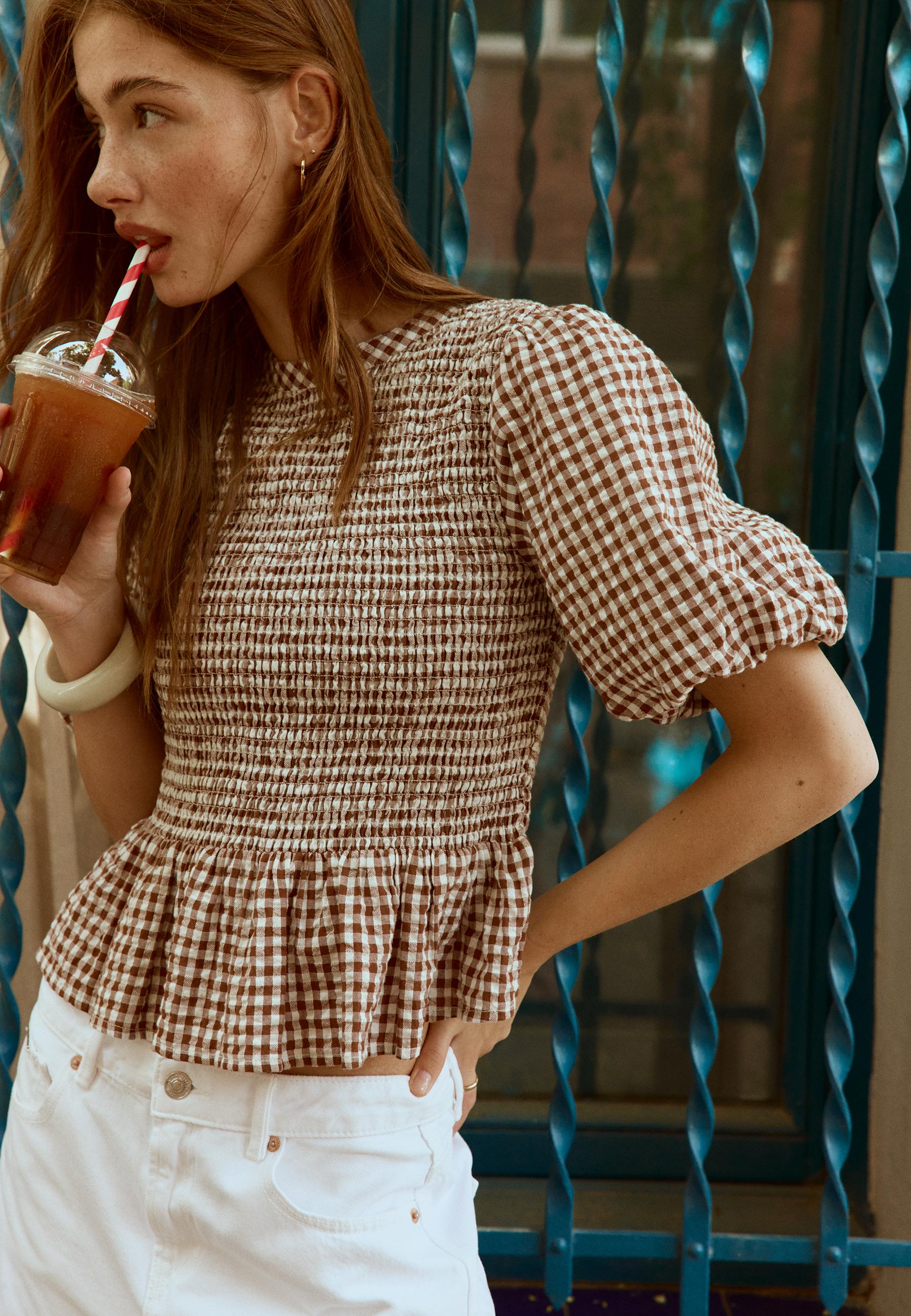 Short sleeve peplum blouse — Brown