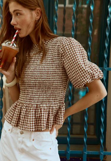 Short sleeve peplum blouse — Brown 1