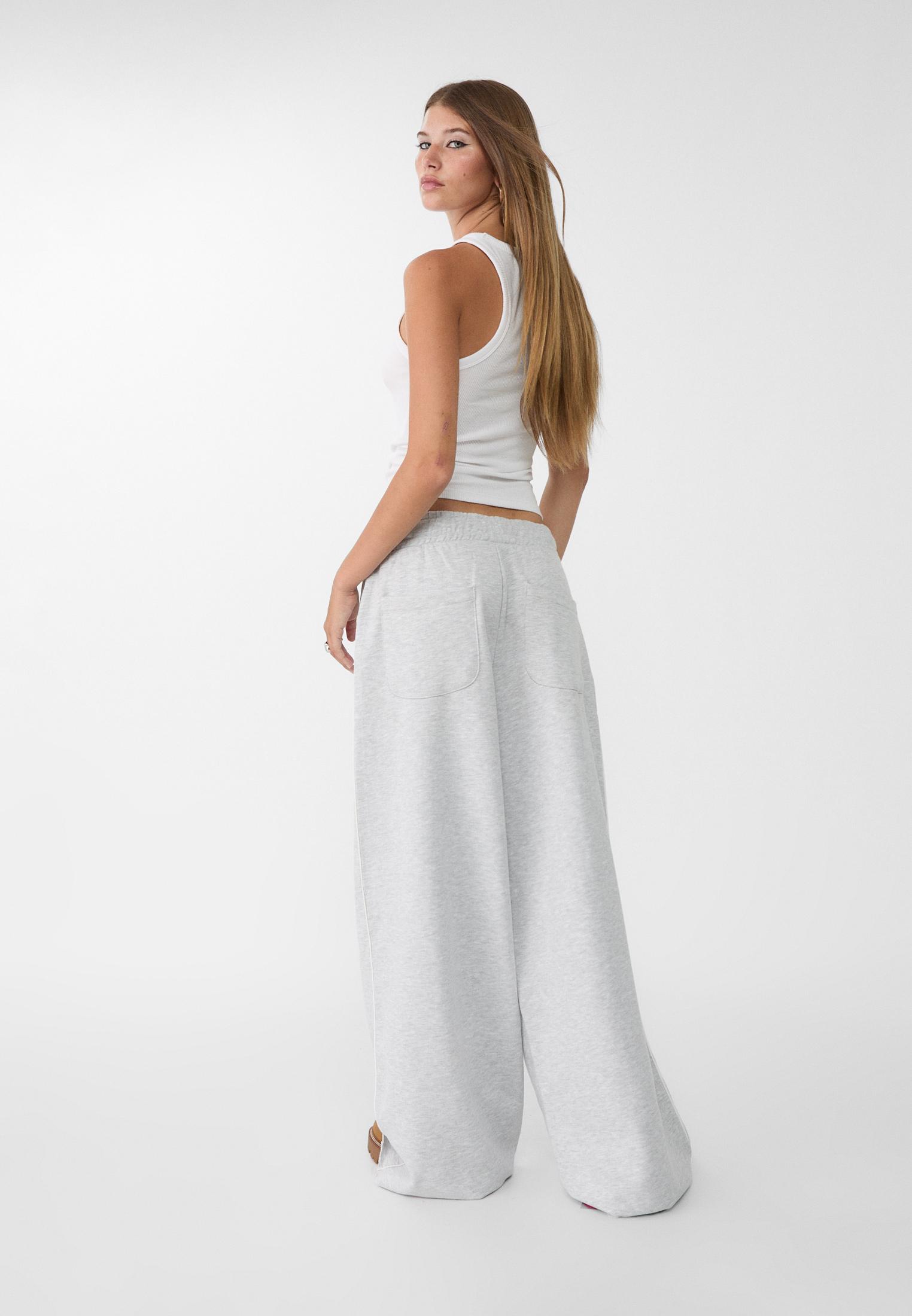 Wide-leg plush trousers with trim detail — Grey melange