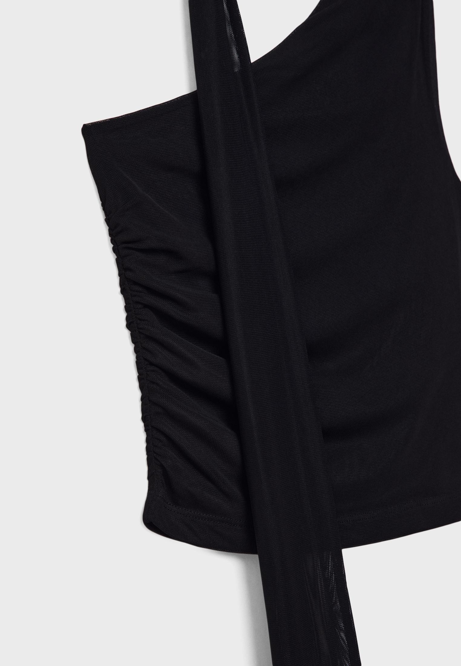 Asymmetric tulle top with scarf — Black