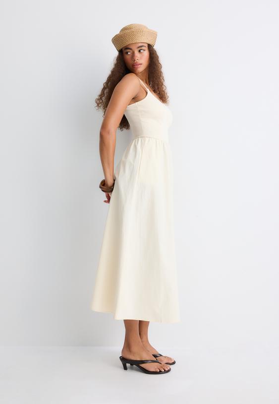 vestido midi bimateria tirantes
