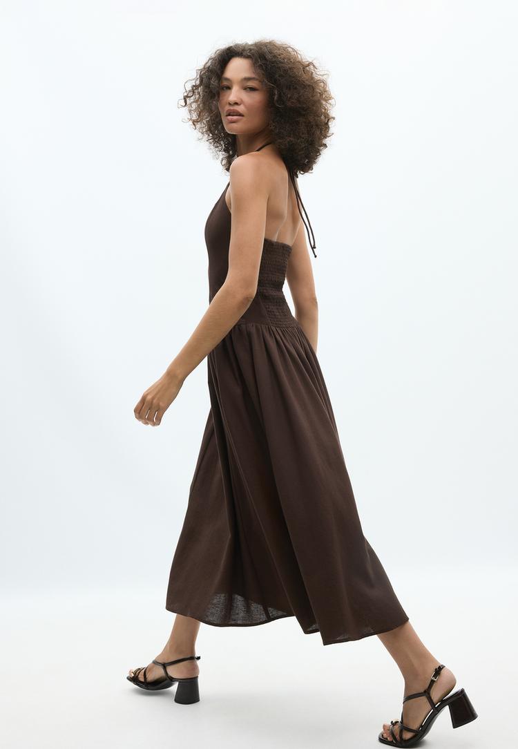 Midikleid mit Neckholder und Perlenbesatz Braun L