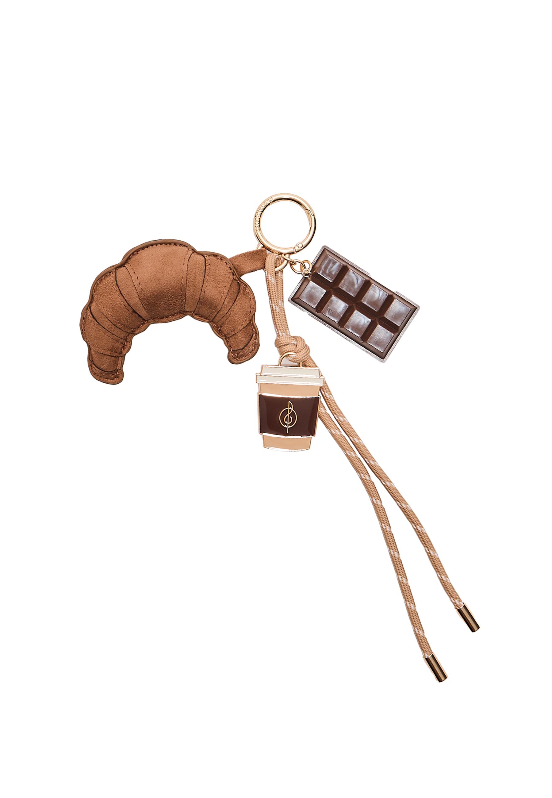 Coffee and croissant charm keyring — Brown