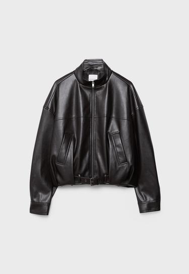 Leather effect belted bomber jacket — Brown 7