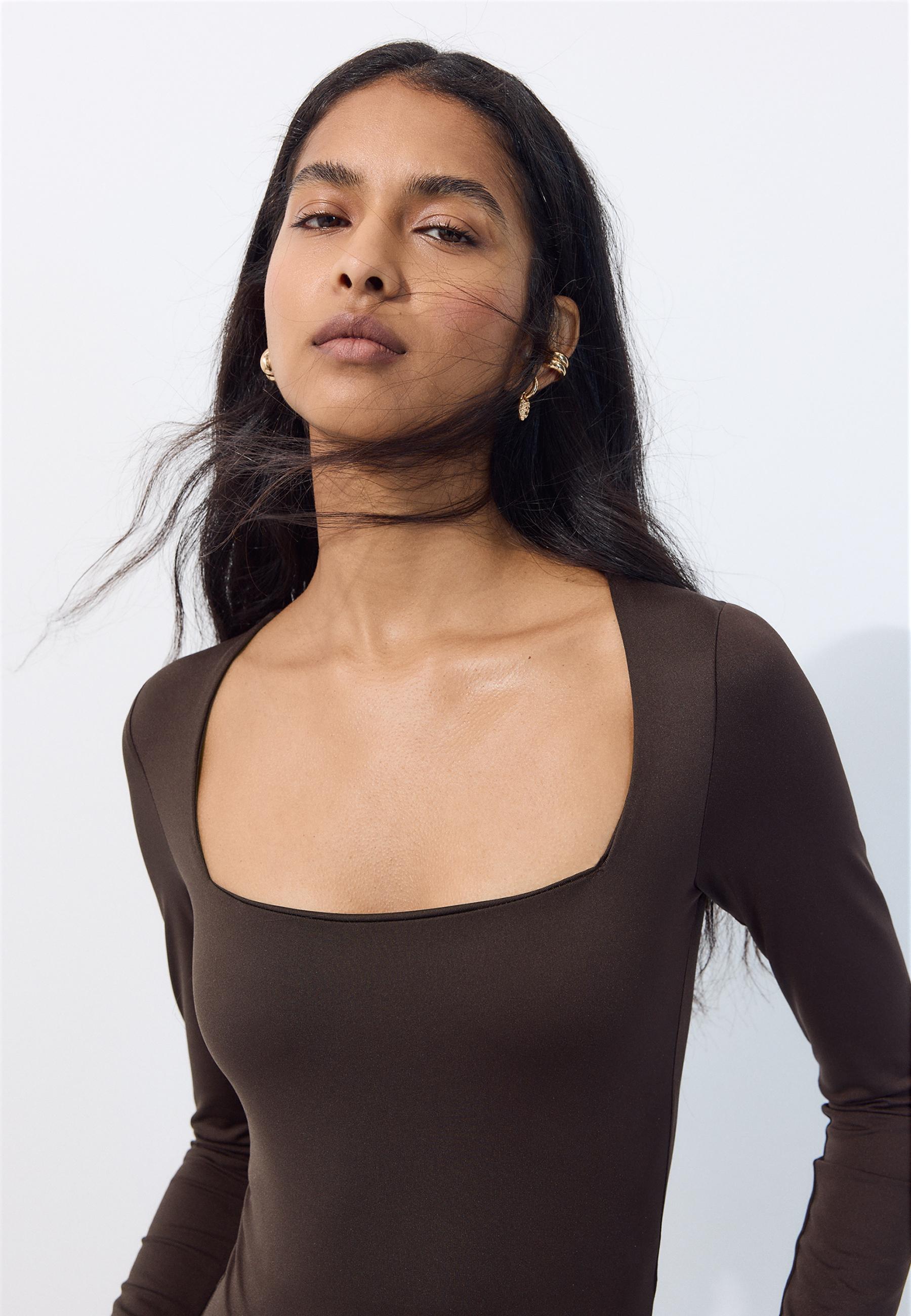 Long sleeve square neck bodysuit — Brown