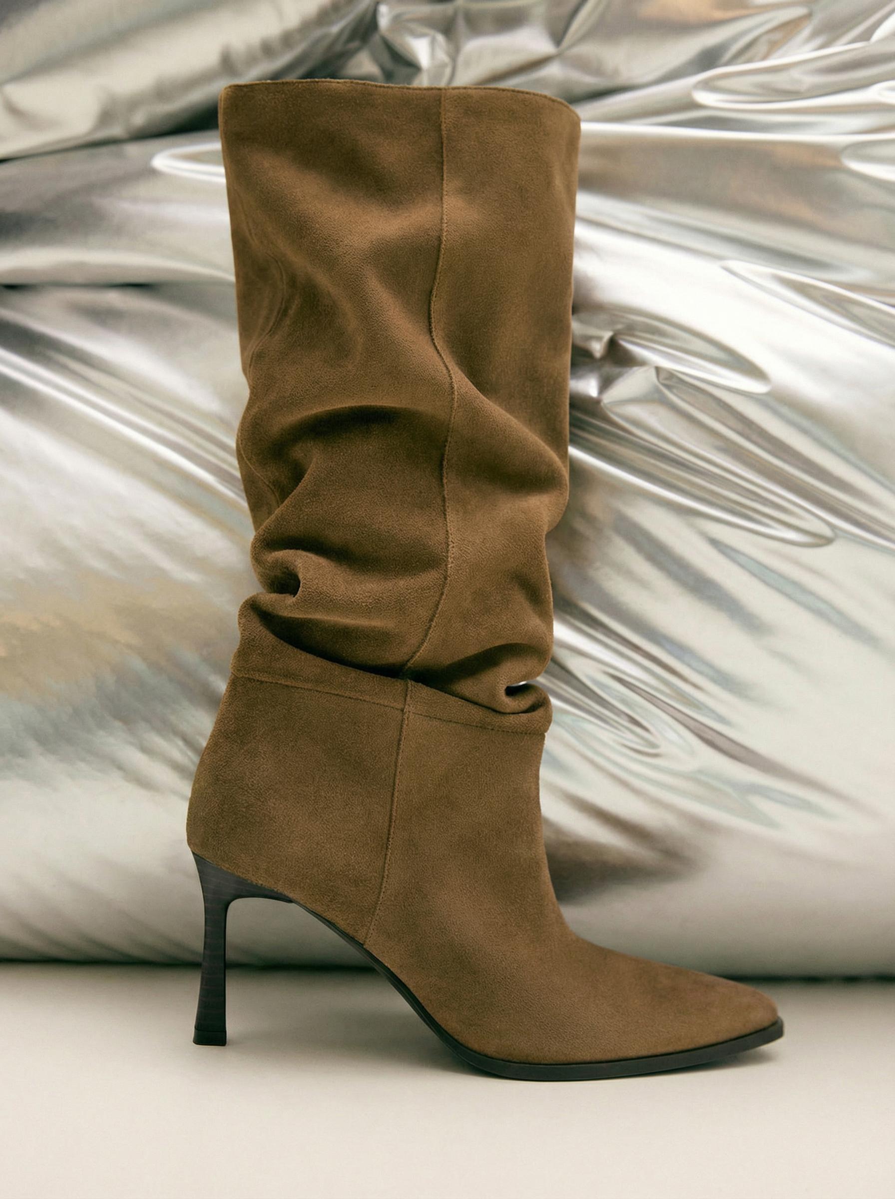 Leather slouchy stiletto heel high boots — BEIGE