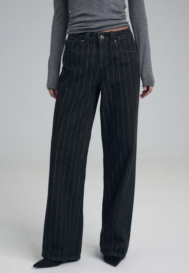 Straight wide-leg jeans with metallic thread stripes — BLACK DENIM WASH 3