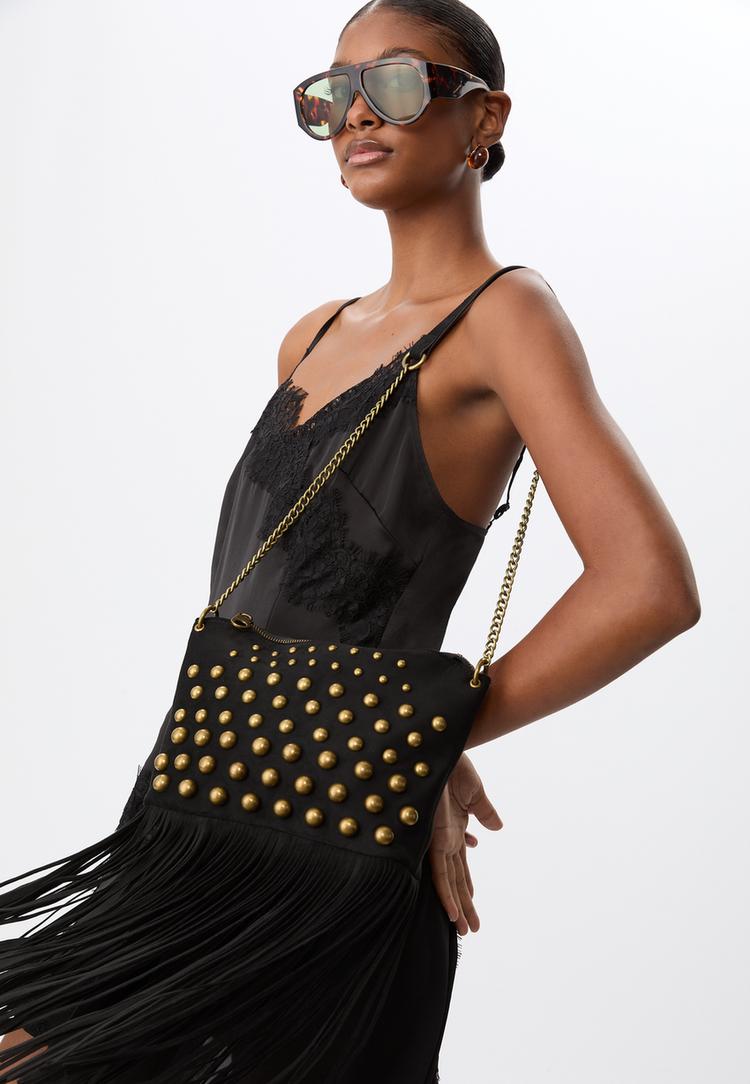 crossbody bag with fringe and studs