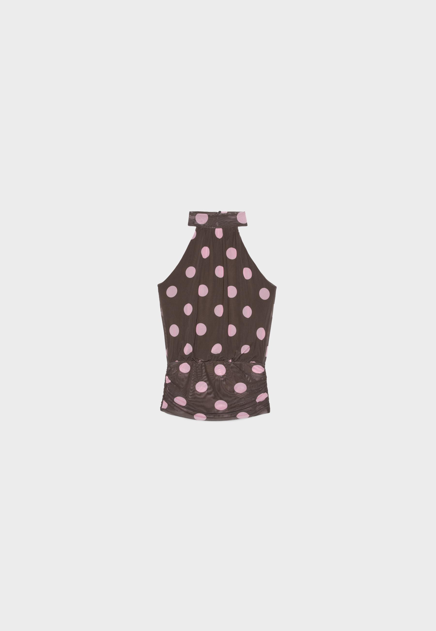 Puff mesh print halter top — Salmon pink