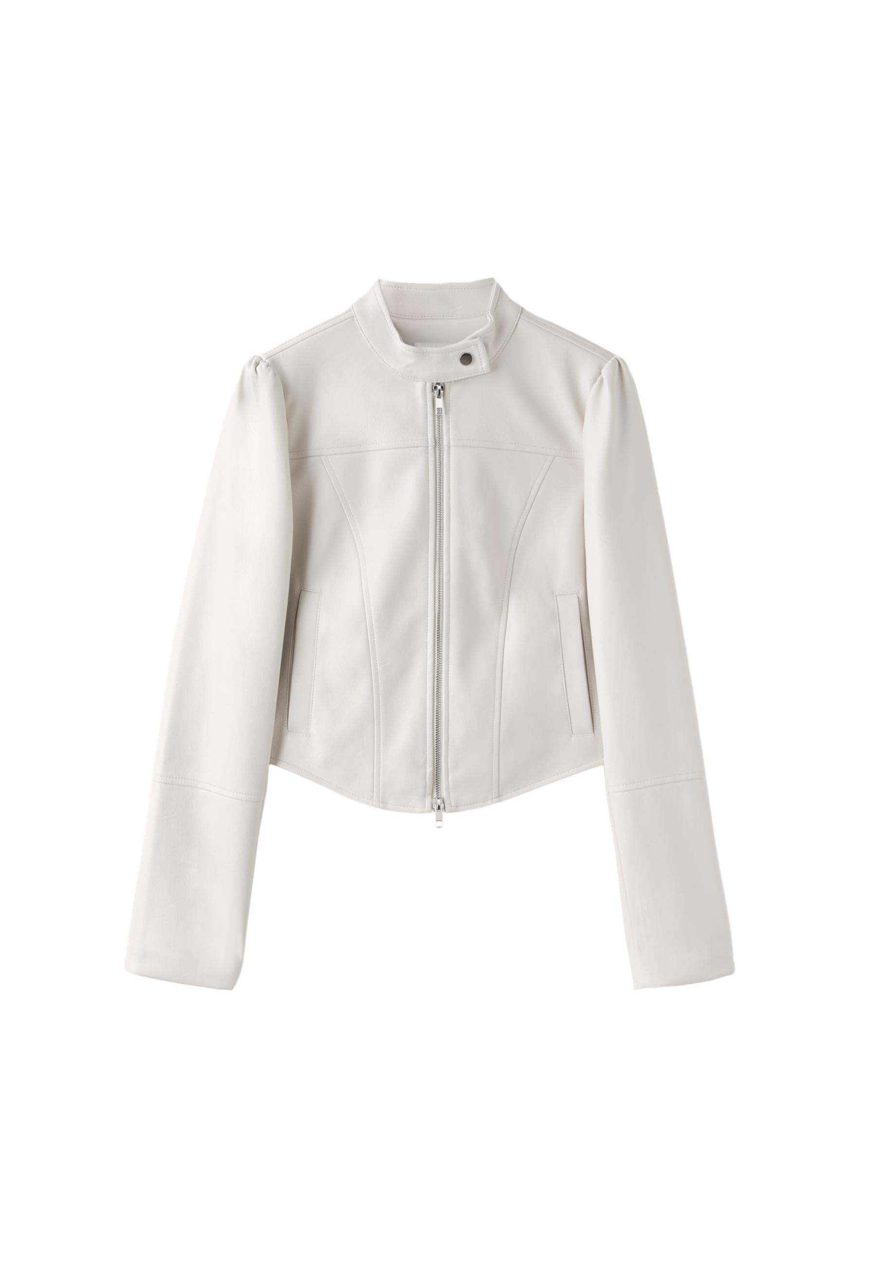 Cropped leather effect biker jacket — Ecru